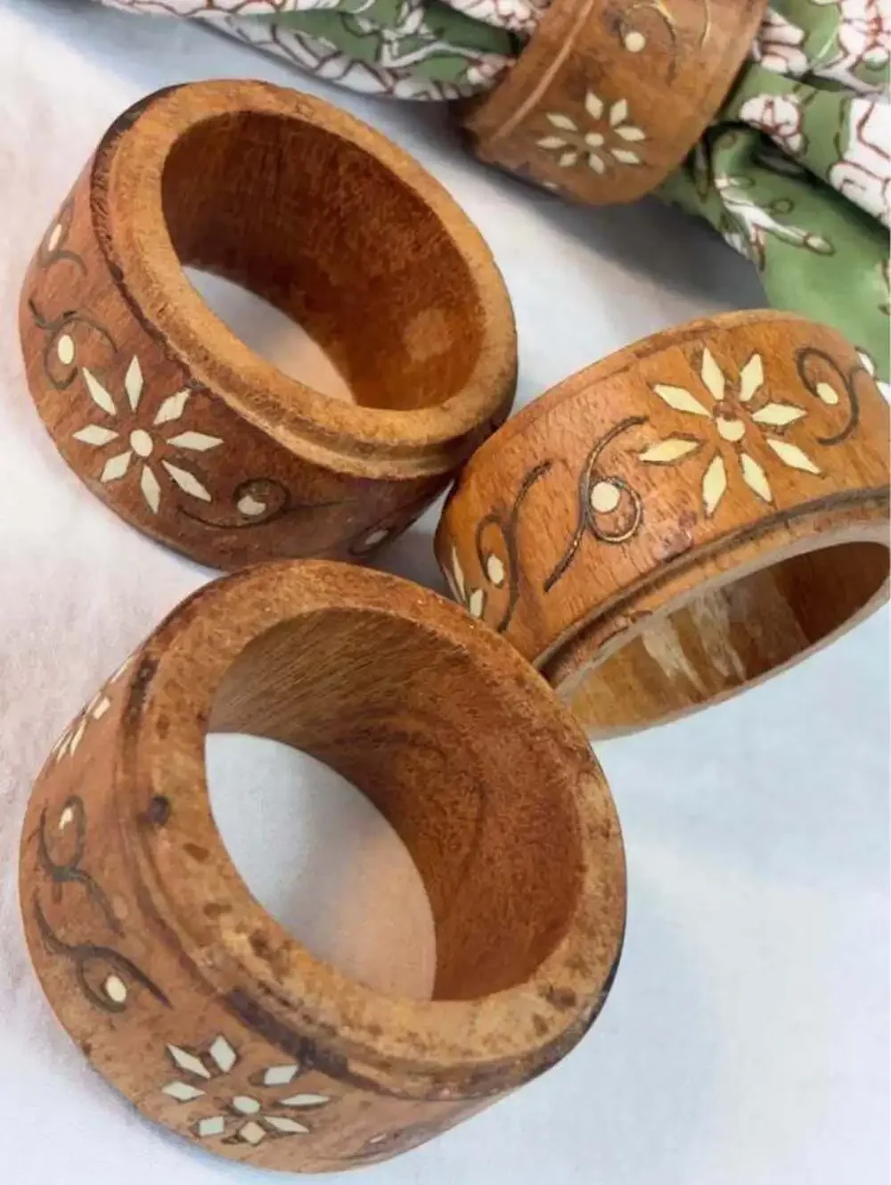 Set of 4 Vintage Hand-Carved Wooden Napkin Rings with Floral Inlay